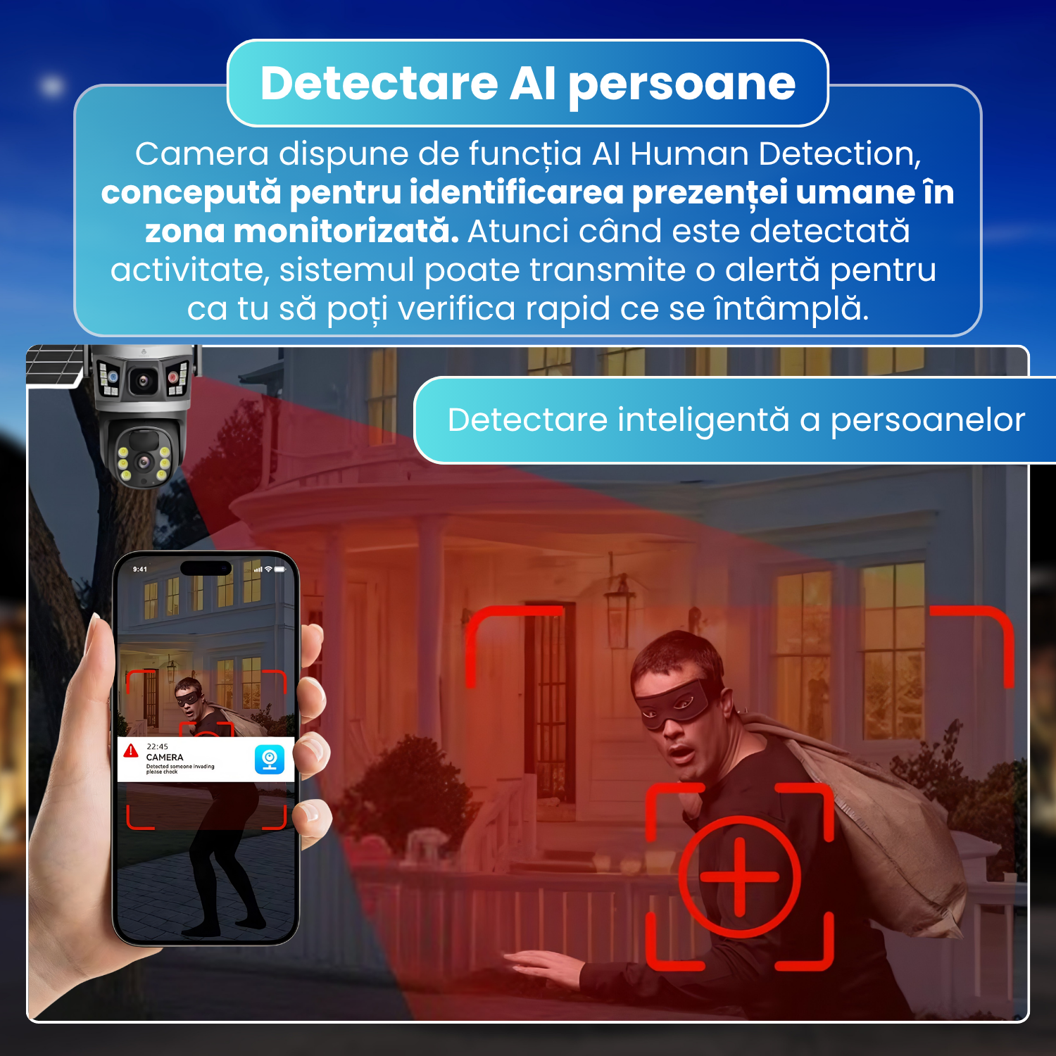 Camera de supraveghere exterior 4G, Dual Lens 6MP, panou solar, baterie 8000mAh, PTZ 355°, detectare persoane, vedere nocturna color, audio bidirectional, negru