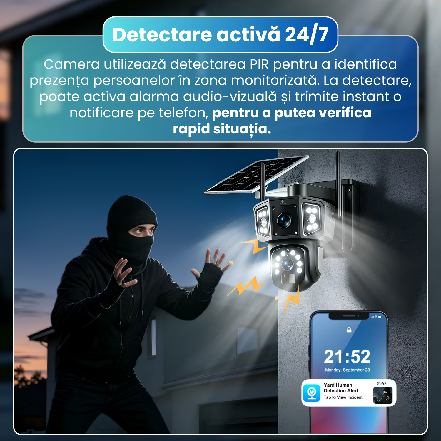 Camera de supraveghere exterior 4G cu panou solar, 6MP Dual Lens, PTZ 355°, detectare PIR persoane, vedere nocturna color, audio bidirectional, baterie 8000mAh, IP66, negru