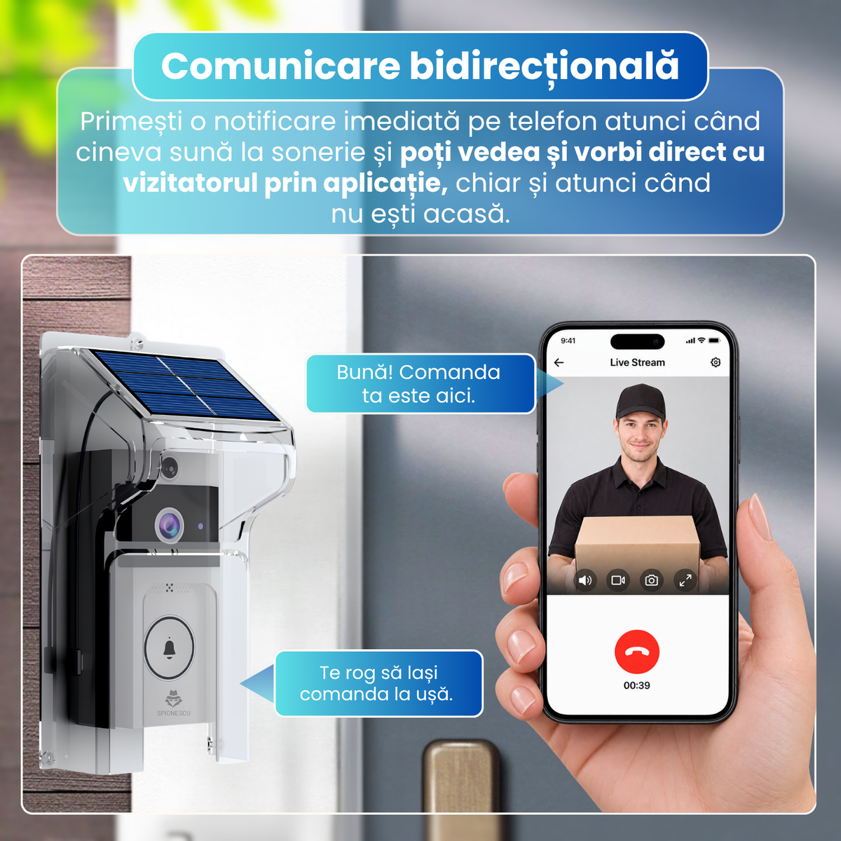 Sonerie video inteligenta wireless, camera HD 1MP, interfon video color, notificari in timp real, audio bidirectional, incarcare solara 0.55W, baterie 3600mA, protectie la ploaie, Chime inclus, alb