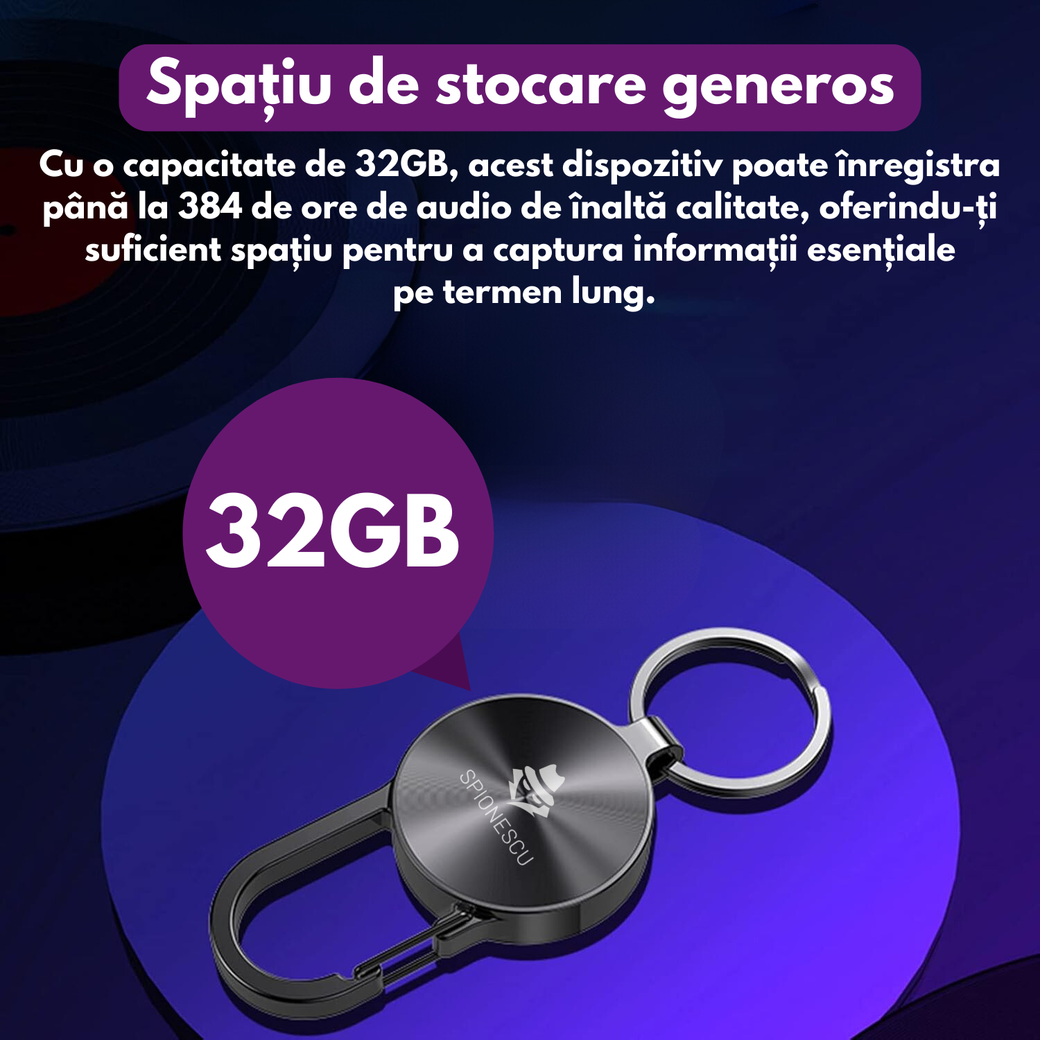 Reportofon spion tip breloc, S25, baterie 120 mAh, autonomie 25 h, MP3 player, inregistrare cu activare vocala, eliminare zgomot