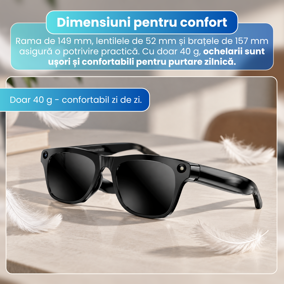 Ochelari inteligenti cu camera 8 MP, traducere AI, audio wireless, microfon integrat, asistenta AI, baterie 290 mAh, rama PC, 40 g, negru