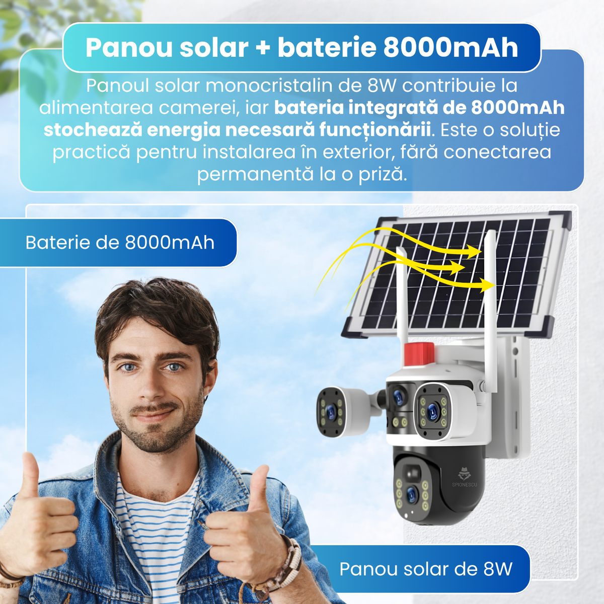 Camera supraveghere exterior 4G cu panou solar, 6MP, 3 lentile, PTZ 340°, detectare PIR, urmarire automata, vedere nocturna color si IR, audio bidirectional, baterie 8000mAh, IP65, alb