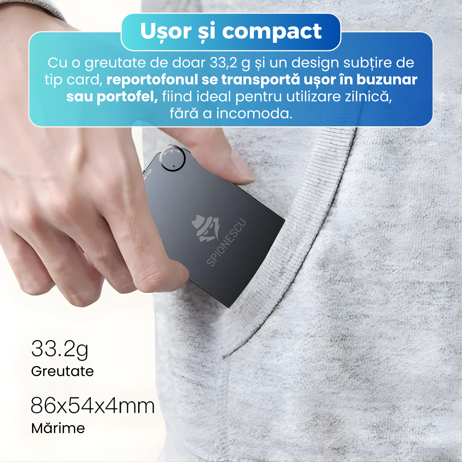 Mini reportofon spion ultra-subtire, Spionescu, activare la sunet si voce, K2, autonomie ridicata, dimensiune card, pana la 150 ore inregistrare, operare cu un singur buton, portabil, functie MP3 Player, negru