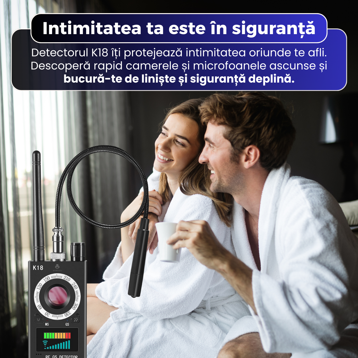 Detector dispozitive spionaj K18, camere ascunse, microfoane, localizatoare GPS, detectie RF 1MHz–6.5GHz, autonomie mare, sensibilitate reglabila, LED rosu, protectie intimitate