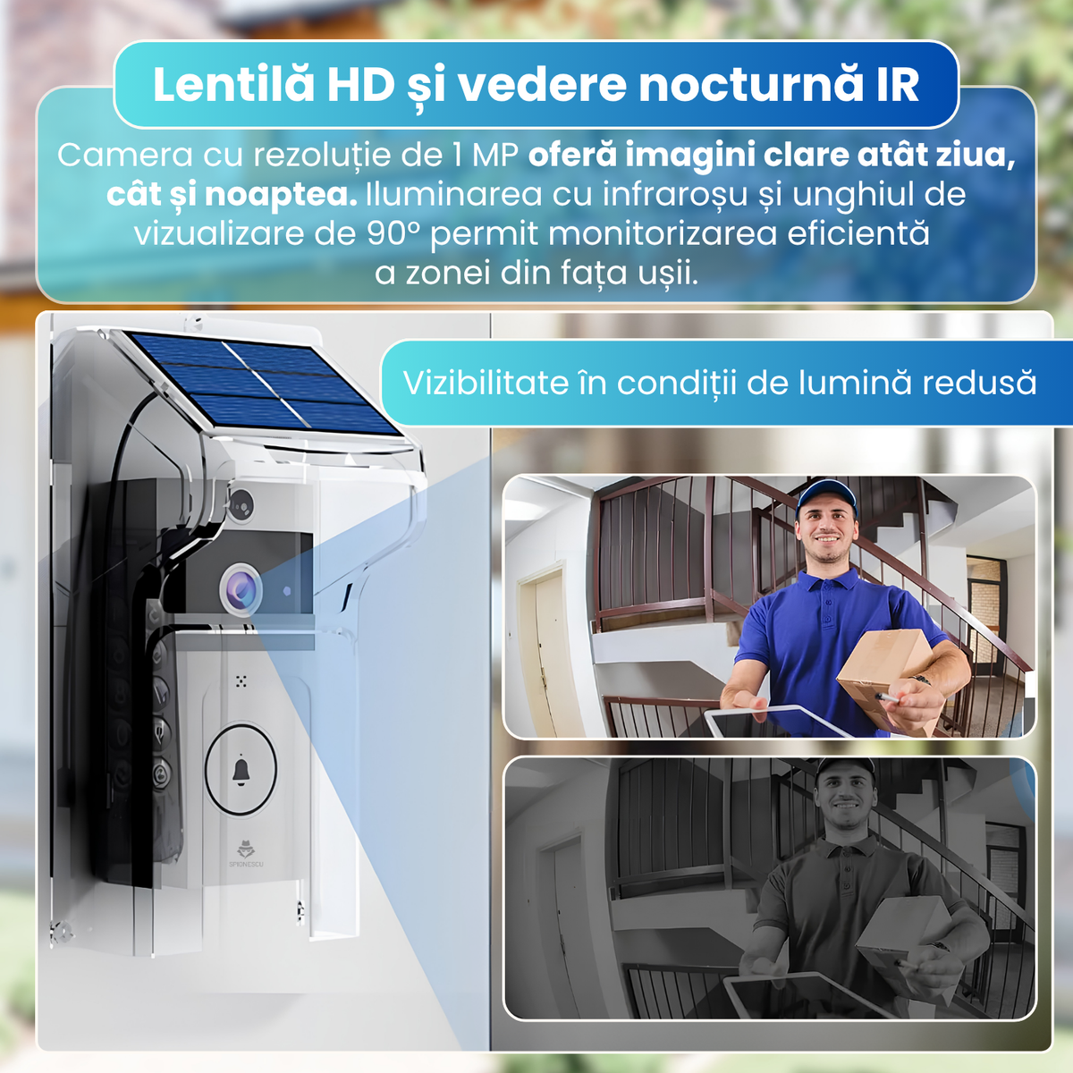 Sonerie video inteligenta wireless, camera HD 1MP, interfon video color, notificari in timp real, audio bidirectional, incarcare solara 0.55W, baterie 3600mA, protectie la ploaie, Chime inclus, alb
