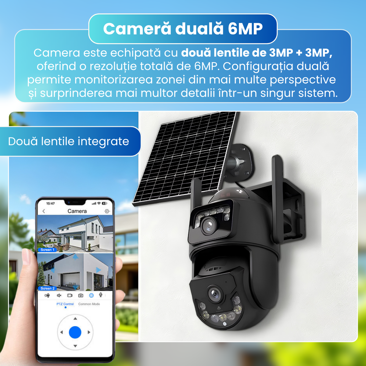 Camera de supraveghere exterior 4G, Dual Lens 6MP, IP66, panou solar, baterie 9000mAh, PTZ 355°, detectare persoane AI, vedere nocturna color, audio bidirectional, negru