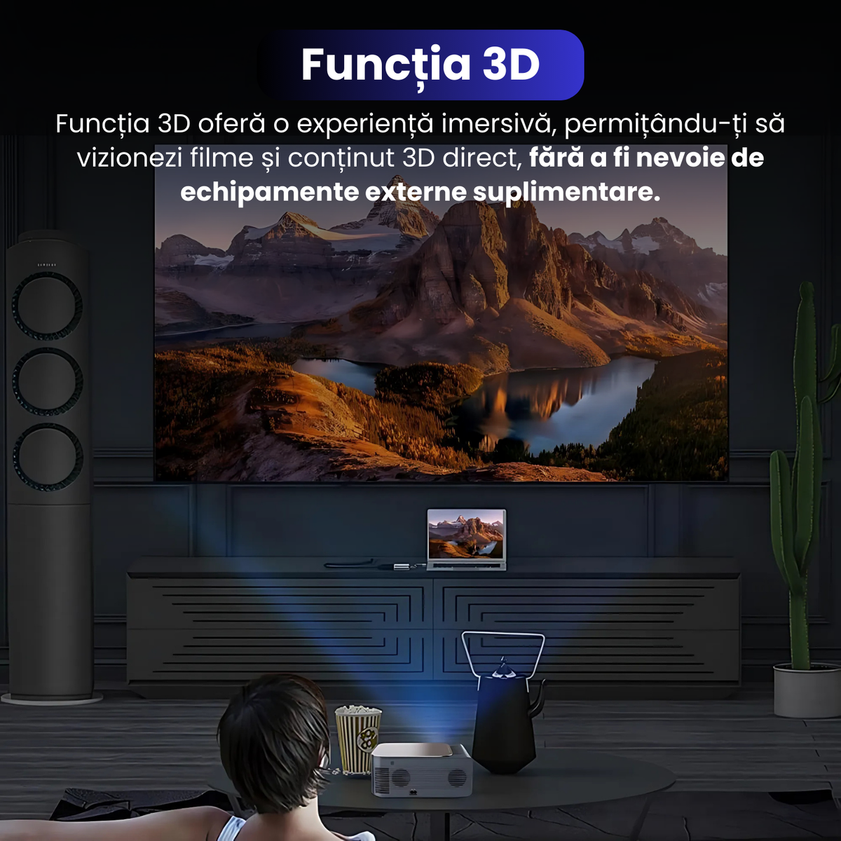 Videoproiector 3D, Full HD 1080p (suport semnal 4K), M8, Proiectinno, 16 GB, Android 9.0, Bluetooth 5.0, WiFi 2.4G/5G, audio Dolby, corectie trapezoidala, 400 ANSI, portabil, negru