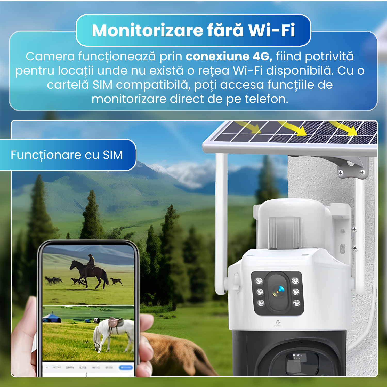 Camera supraveghere 4G cu panou solar, 6MP, PTZ 340°, urmarire automata, detectare PIR, vedere nocturna color si IR, audio bidirectional, baterie 8000mAh, IP65, alb