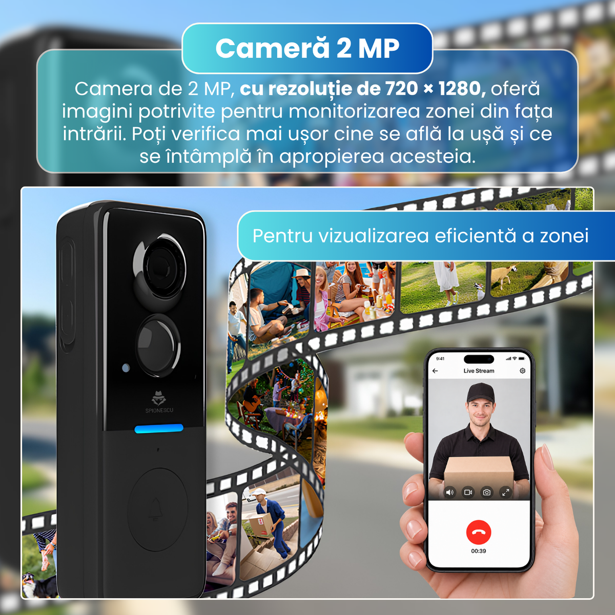 Sonerie video inteligenta wireless cu camera, 2MP, WiFi, Tuya, Full HD 720P, monitorizare live pe telefon, detectare miscare, vedere nocturna IR, interfon video, baterie 4000mAh, incarcare solara, IP65, Chime inclus, negru