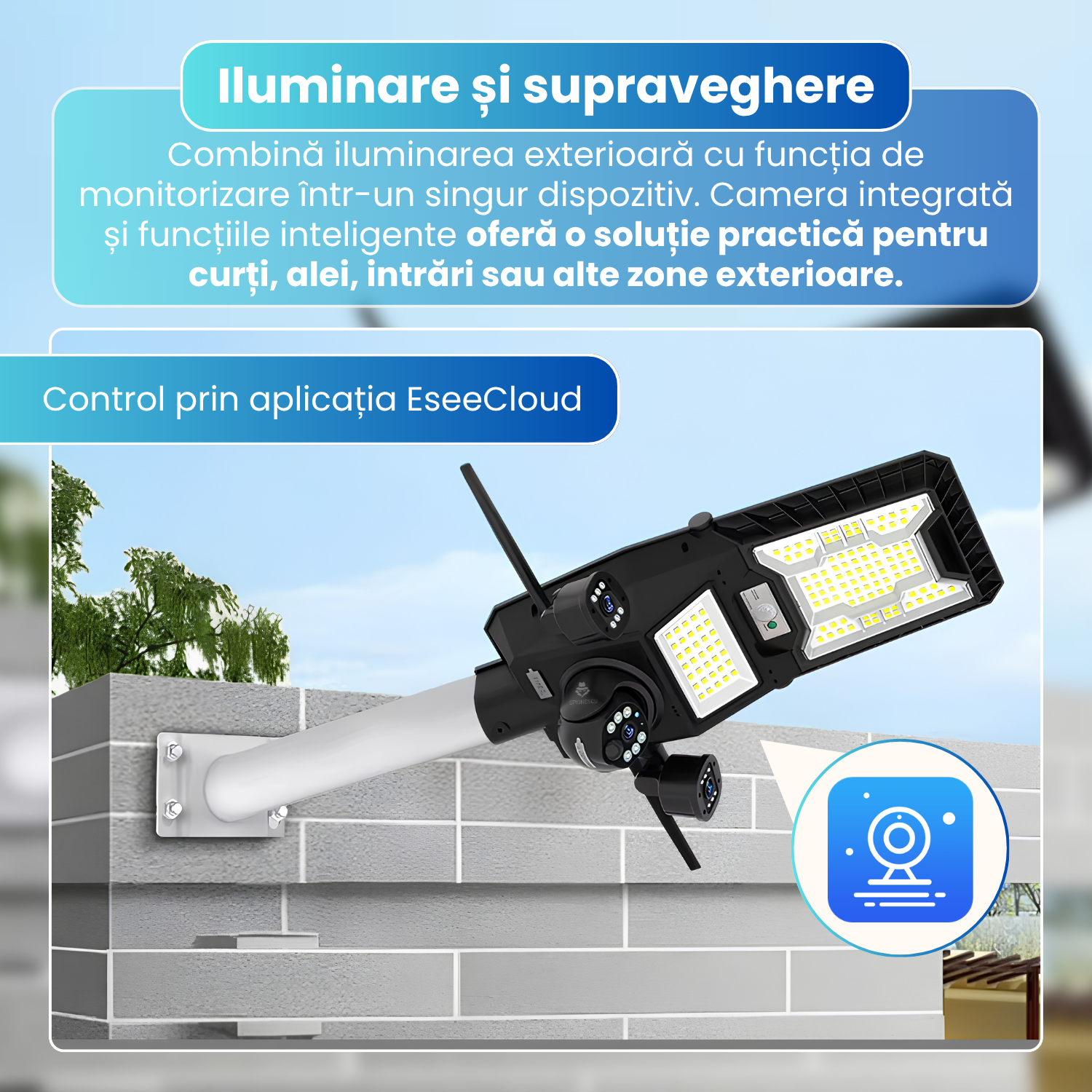 Lampa stradala LED cu camera de supraveghere 4G, tripla camera 6MP, 3 lentile, panou solar monocristalin 15W, baterie 18000mAh, 135 LED, detectie PIR, PTZ 340°, vedere nocturna color/IR, audio bidirectional, IP65