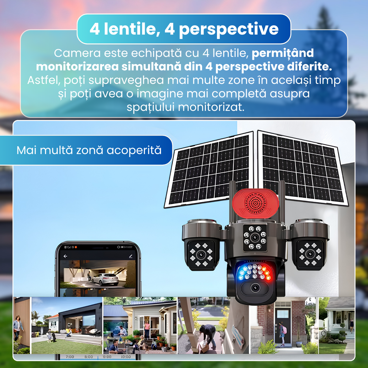 Camera de supraveghere exterior 4G, 4 lentile 20MP, AOV 24/24, PTZ, zoom digital 12X, detectare AI persoane, Motion Tracking, vedere nocturna 4 moduri, alarma luminoasa si sonora, panou solar 15W, baterie 12000mAh, audio bidirectional, negru