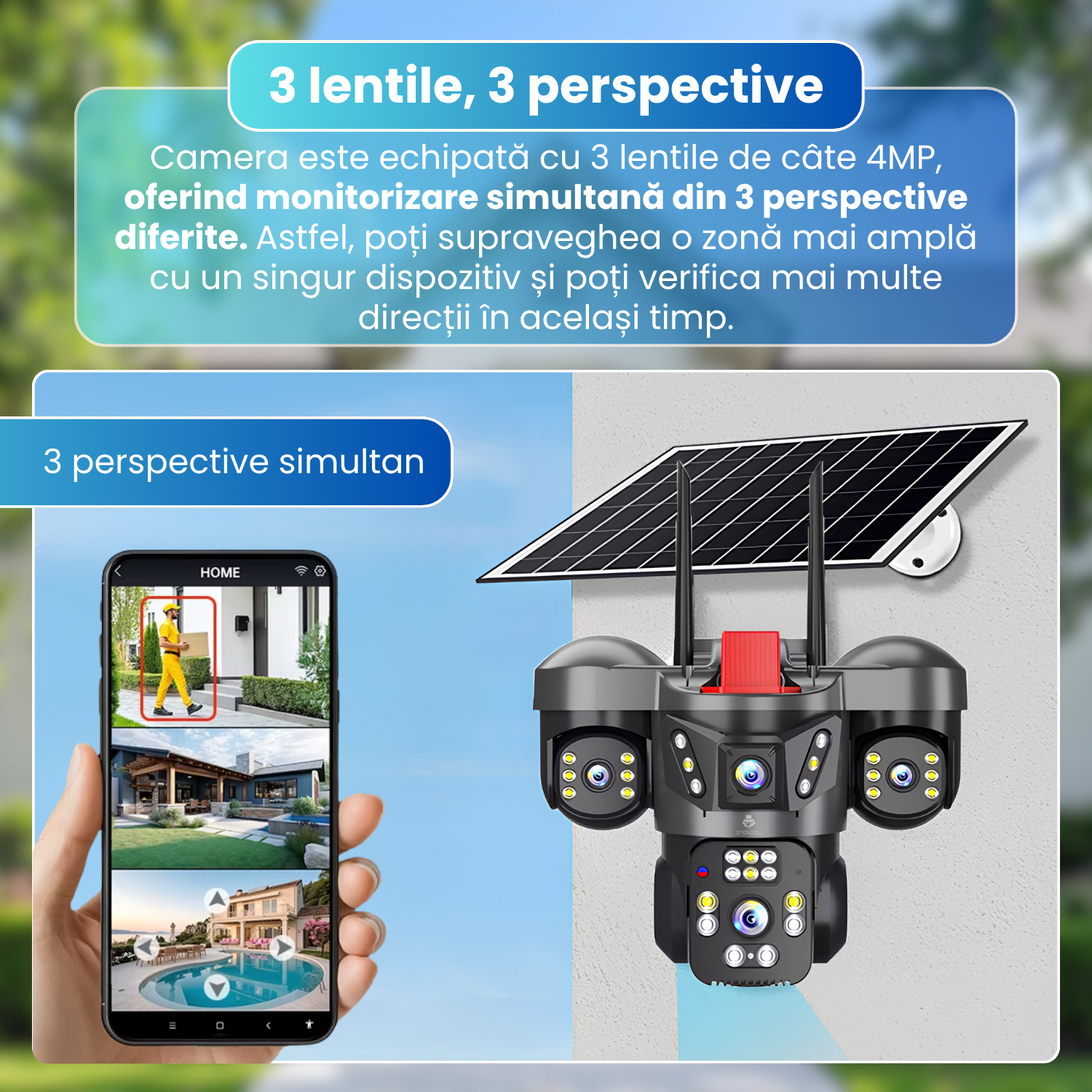Camera de supraveghere exterior 4G, 3 lentile 12MP, 3 ecrane, AOV 24/7, PTZ, Motion Tracking, detectare AI persoane, vedere nocturna Full Color pana la 15 m, audio bidirectional, panou solar 8W, baterie 8000mAh, negru