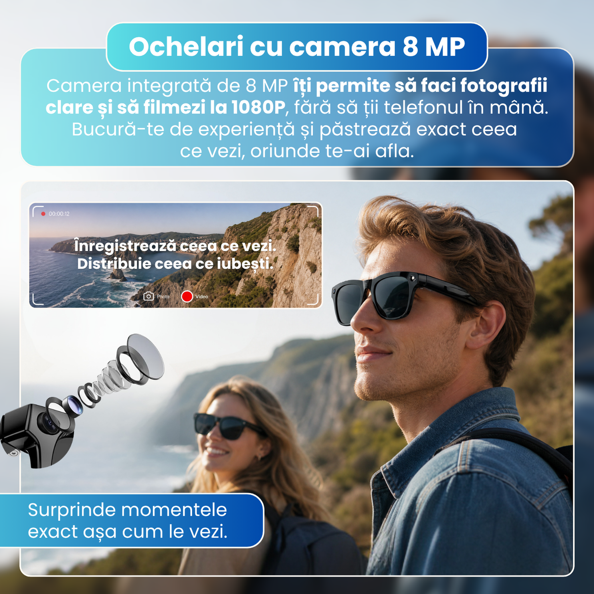 Ochelari inteligenti cu camera 8 MP, traducere AI, audio wireless, microfon integrat, asistenta AI, baterie 290 mAh, rama PC, 40 g, negru