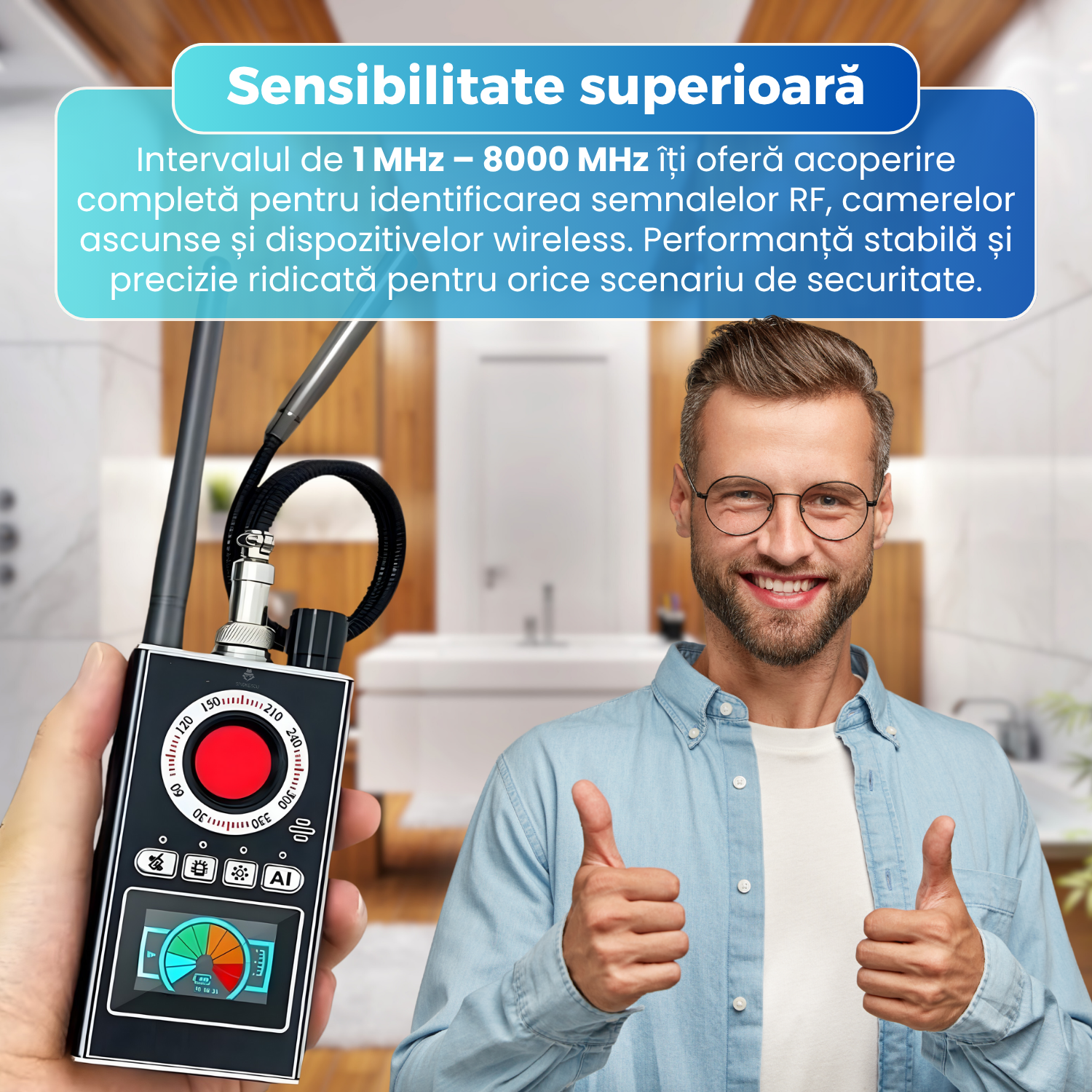Detector aparate spionaj, K88, frecventa 1–8000 MHz, detectare camere ascunse, GPS si WiFi, infraros