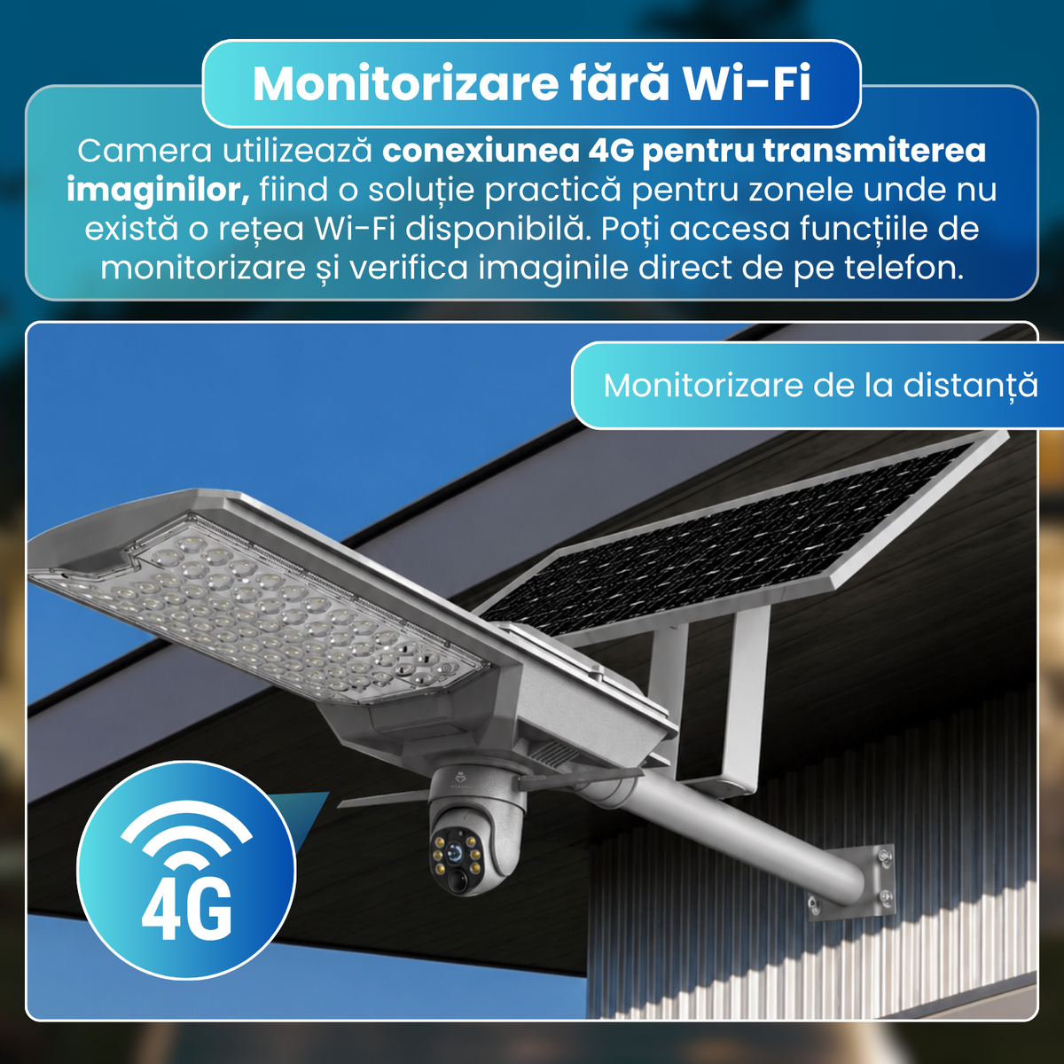 Lampa stradala LED cu camera supraveghere 4G, 4MP, PTZ 340°, urmarire automata, panou solar monocristalin 42W, baterie 42Ah, 78 LED-uri 5054, senzor PIR, vedere nocturna color si IR, audio bidirectional, IP65, gri