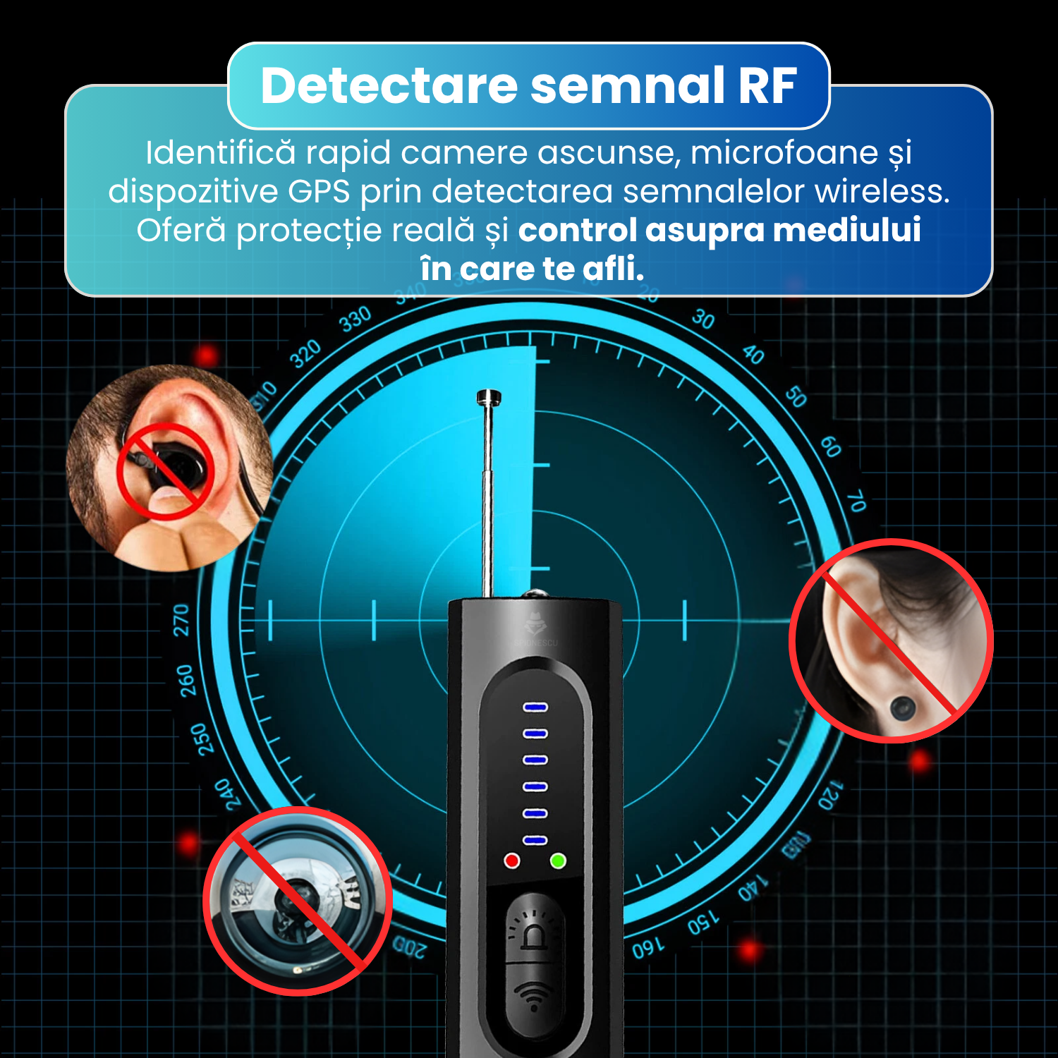 Detector camere ascunse si microfoane X13, detectare GPS, RF 1MHz-6.5GHz, 4 in 1, anti-spionaj, lanterna LED, 400 mAh, sensibilitate ajustabila, baterie reincarcabila, portabil, negru