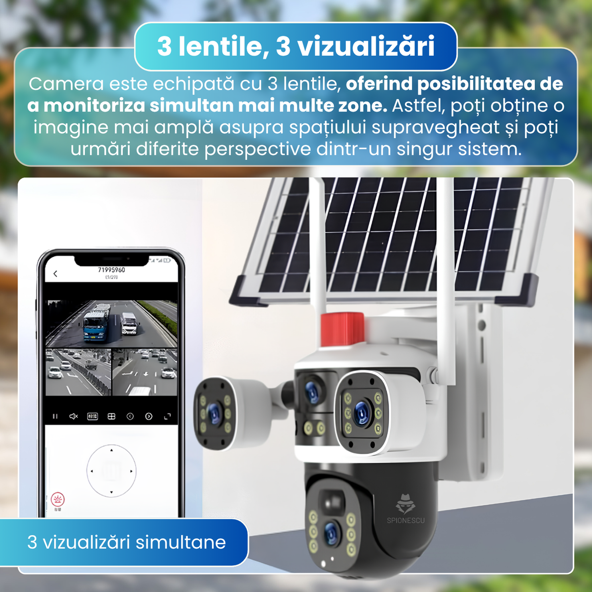 Camera supraveghere exterior 4G cu panou solar, 6MP, 3 lentile, PTZ 340°, detectare PIR, urmarire automata, vedere nocturna color si IR, audio bidirectional, baterie 8000mAh, IP65, alb