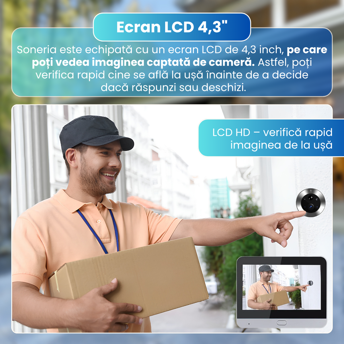 Sonerie video cu vizor digital, camera 2MP Full HD 1080P, ecran LCD 4.3 inch, WiFi 2.4GHz, Tuya Smart, detectare miscare PIR, Night Vision IR, unghi 120°, baterie 5000mAh, Cloud, gri