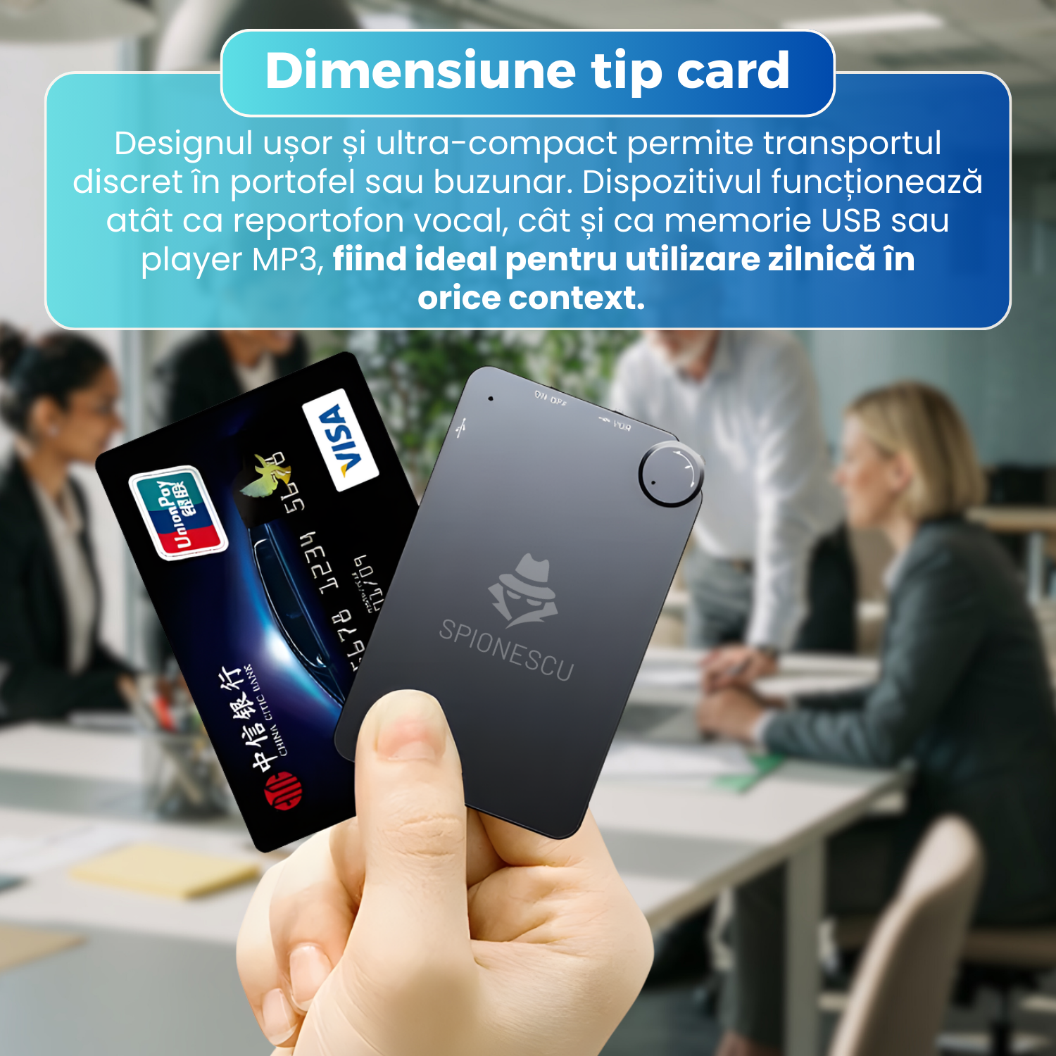 Mini reportofon spion ultra-subtire, Spionescu, activare la sunet si voce, K2, autonomie ridicata, dimensiune card, pana la 150 ore inregistrare, operare cu un singur buton, portabil, functie MP3 Player, negru