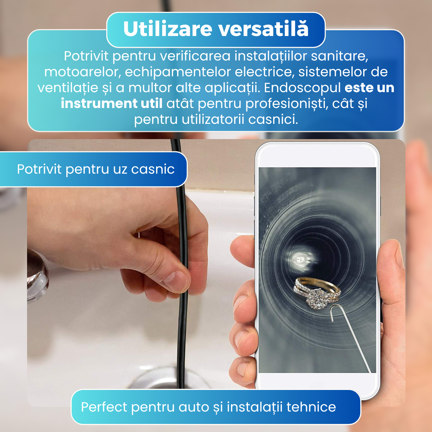 Camera Endoscop Inspectie 8 mm, Cablu Semi-Rigid 1 m, 6 LED-uri Reglabile, IP67, Compatibila Android si Windows, Foto & Video, Negru