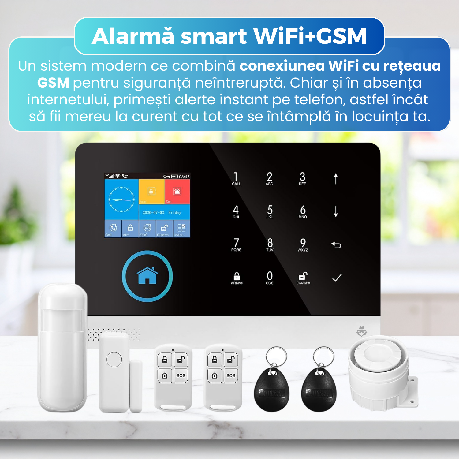 Sistem de alarma wireless inteligent, ACJ-401, WiFi si GSM, ecran color touchscreen, control prin aplicatie Tuya Smart / Smart Life, apel SMS notificari, suport senzori PIR, usa, fum, gaz, RFID, alb