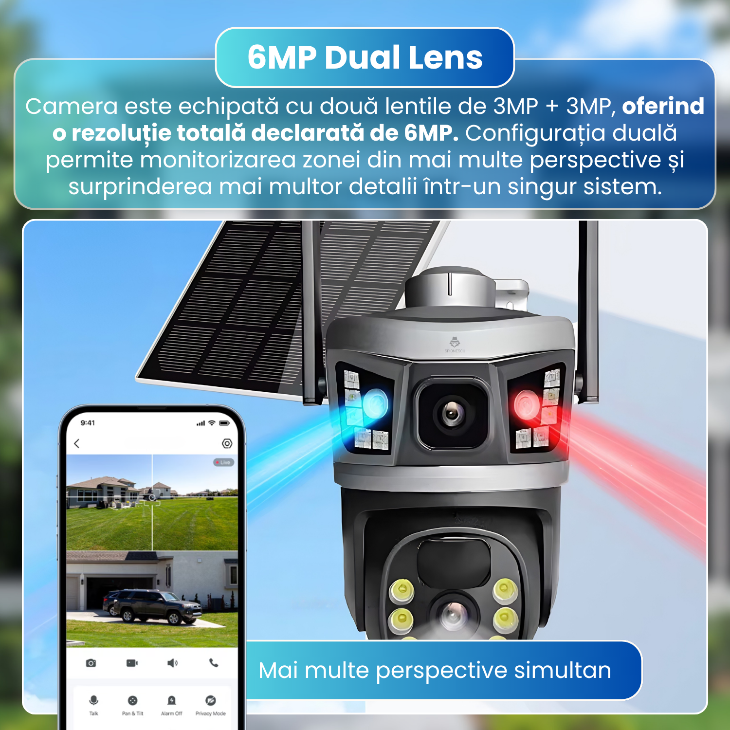 Camera de supraveghere exterior 4G, Dual Lens 6MP, panou solar, baterie 8000mAh, PTZ 355°, detectare persoane, vedere nocturna color, audio bidirectional, negru