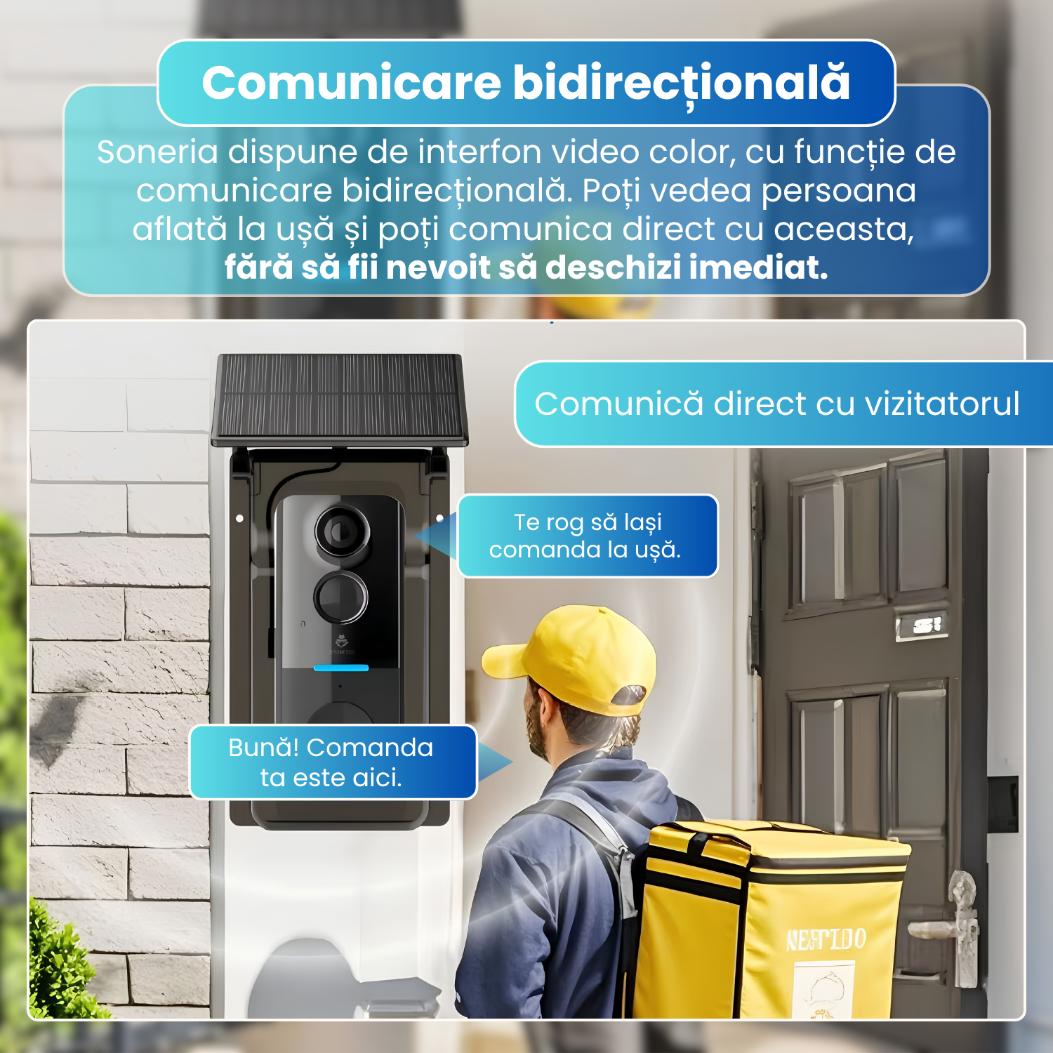Sonerie video inteligenta wireless cu camera, 2MP, WiFi, Tuya, Full HD 720P, monitorizare live pe telefon, detectare miscare, vedere nocturna IR, interfon video, baterie 4000mAh, incarcare solara, IP65, Chime inclus, negru