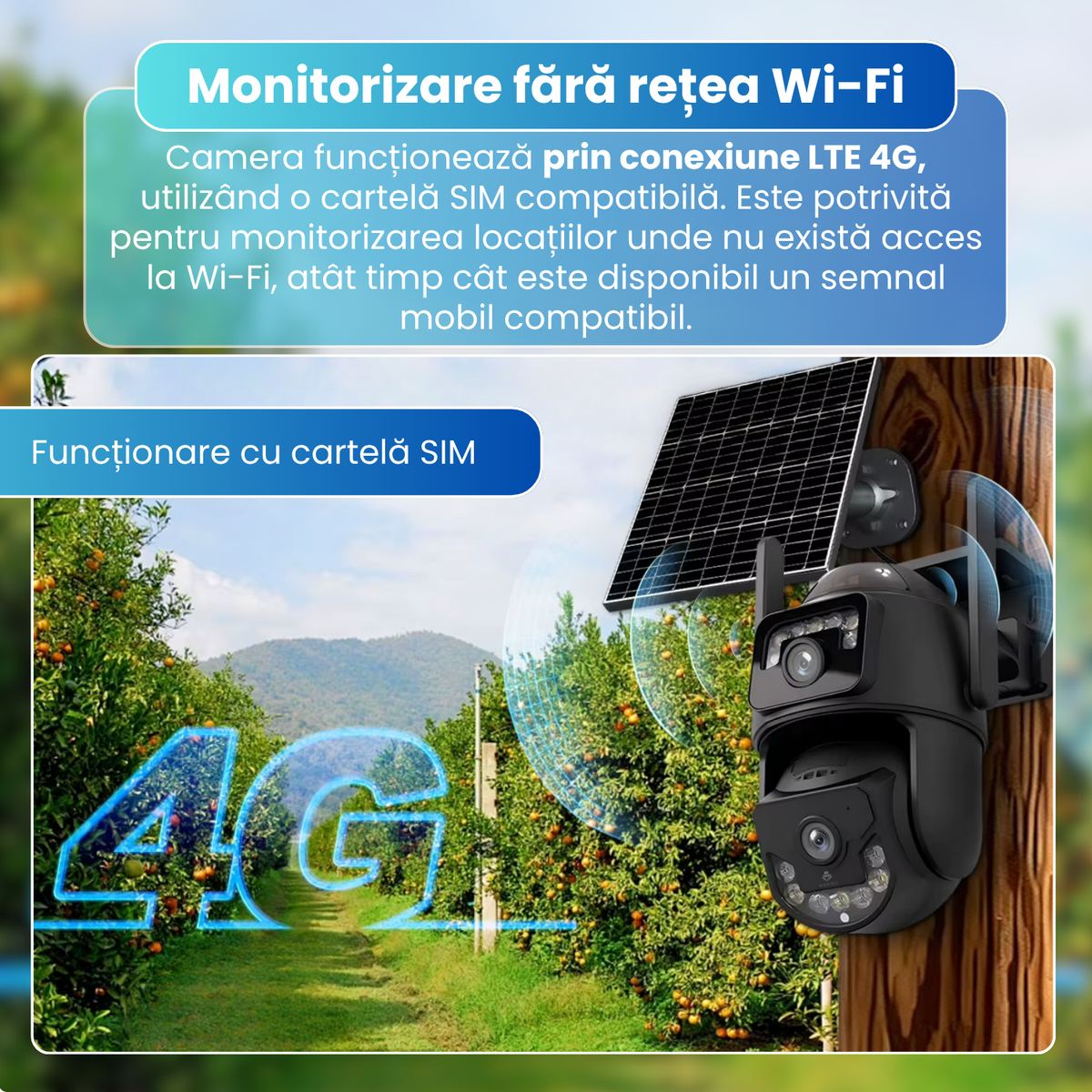 Camera de supraveghere exterior 4G, Dual Lens 6MP, IP66, panou solar, baterie 9000mAh, PTZ 355°, detectare persoane AI, vedere nocturna color, audio bidirectional, negru
