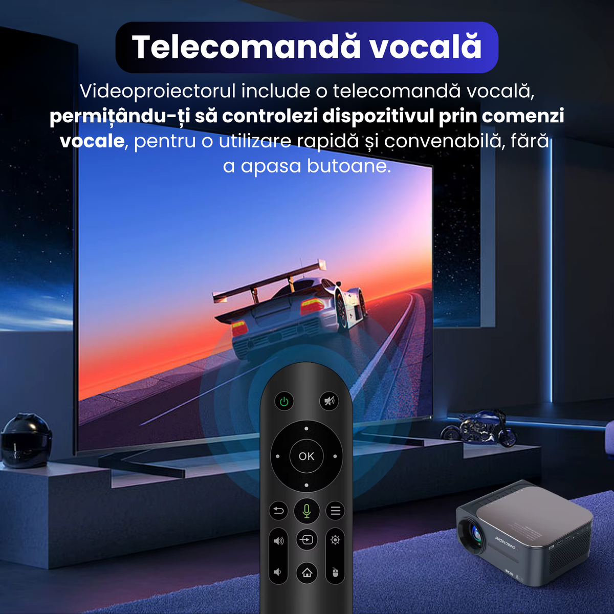 Videoproiector 3D, Full HD 1080p (suport semnal 4K), M8, Proiectinno, 16 GB, Android 9.0, Bluetooth 5.0, WiFi 2.4G/5G, audio Dolby, corectie trapezoidala, 400 ANSI, portabil, negru
