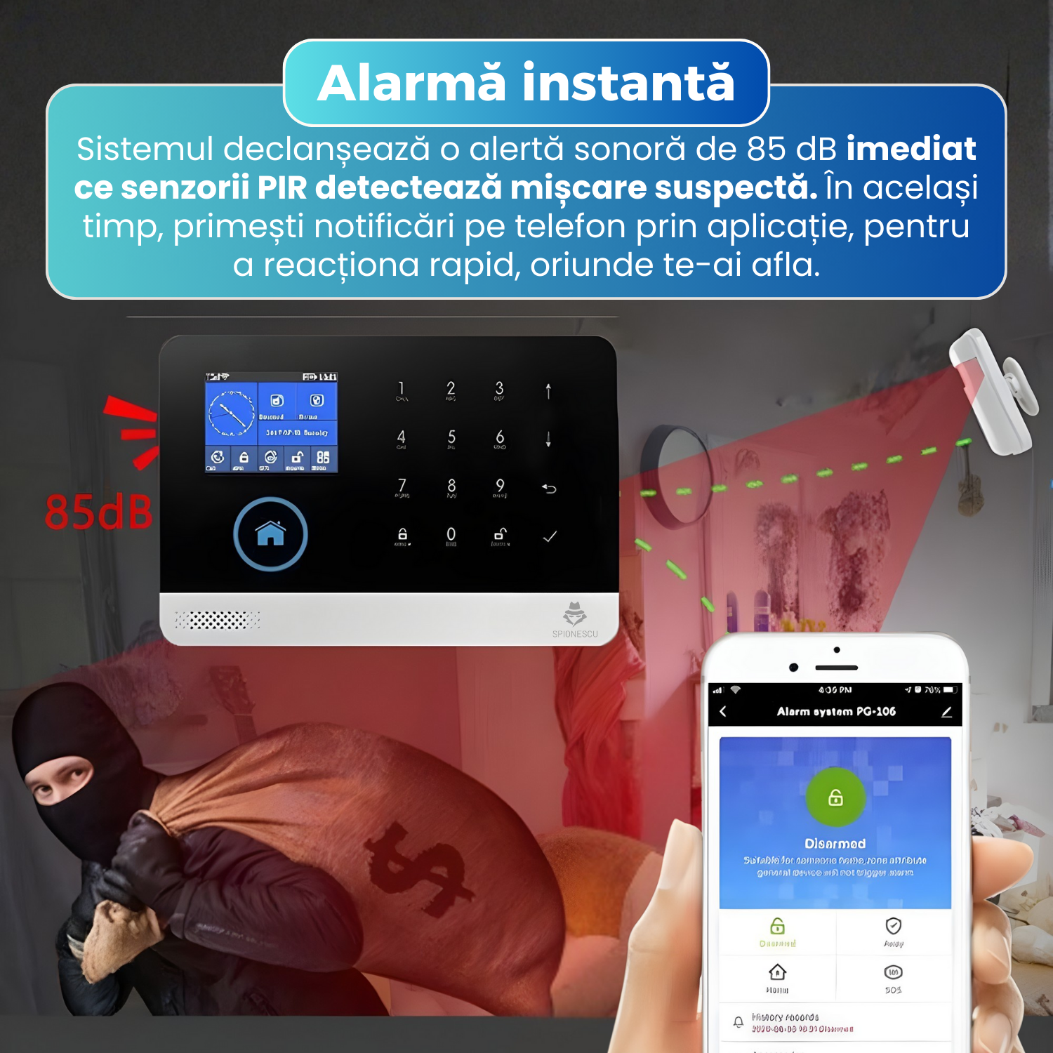 Sistem de alarma wireless inteligent, ACJ-401, WiFi si GSM, ecran color touchscreen, control prin aplicatie Tuya Smart / Smart Life, apel SMS notificari, suport senzori PIR, usa, fum, gaz, RFID, alb