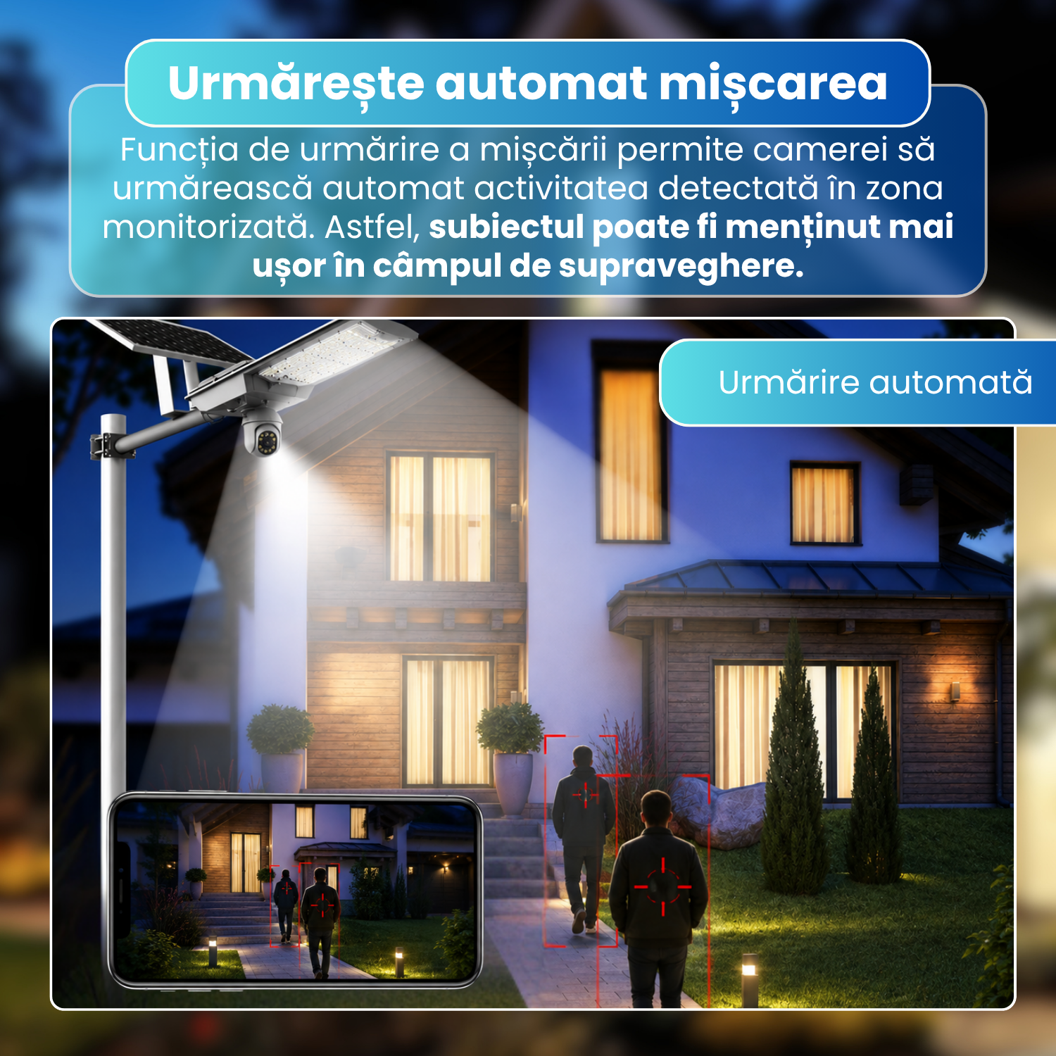 Lampa stradala LED cu camera supraveghere 4G, 4MP, PTZ 340°, urmarire automata, panou solar monocristalin 42W, baterie 42Ah, 78 LED-uri 5054, senzor PIR, vedere nocturna color si IR, audio bidirectional, IP65, gri