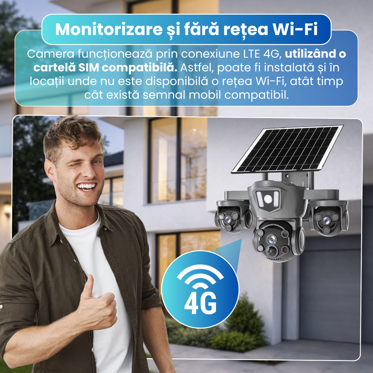 Camera de supraveghere exterior 4G, 3 lentile 6MP, 3 ecrane, PTZ 270°, detectare AI persoane, Motion Tracking, vedere nocturna color, panou solar 8W, baterie 8000mAh, audio bidirectional, negru