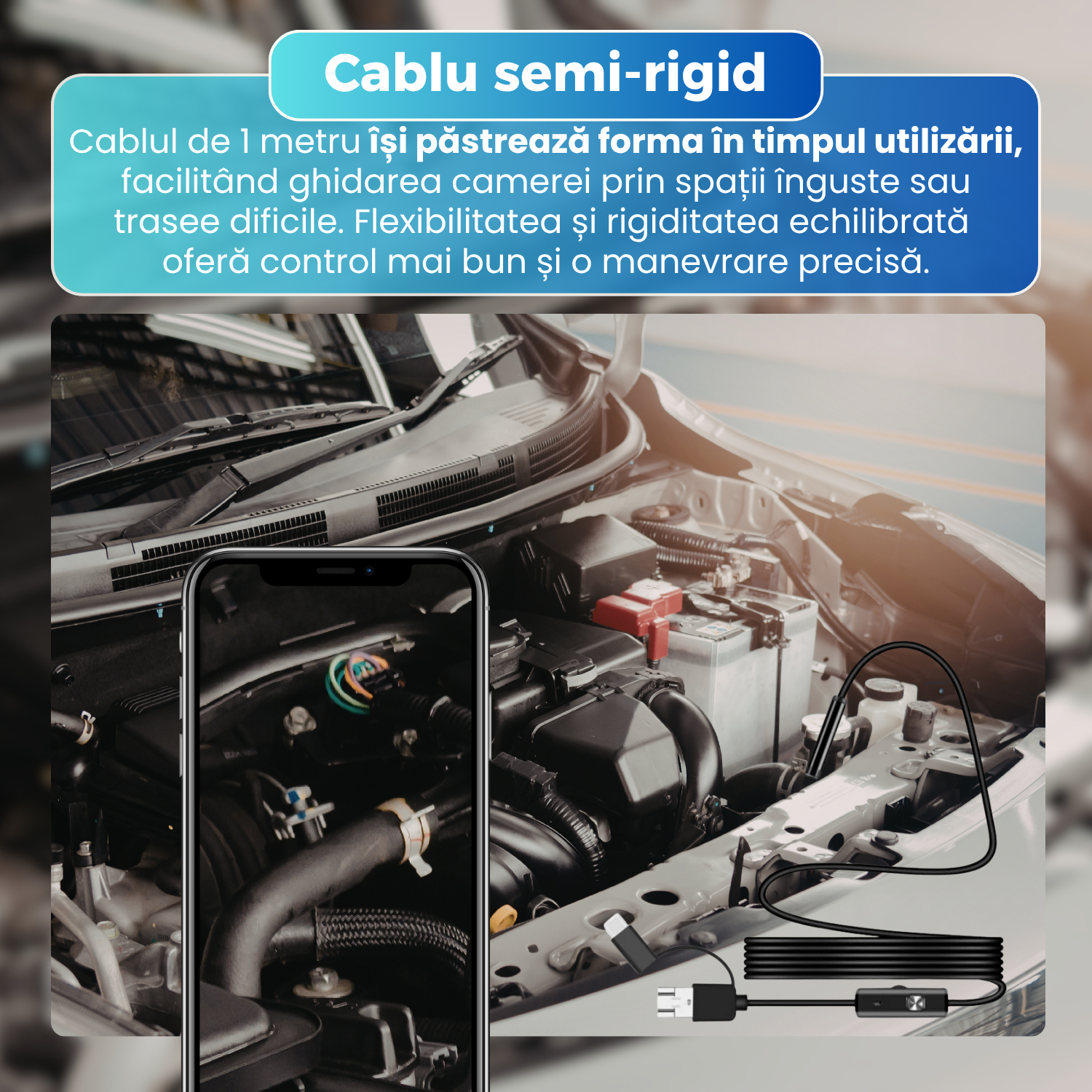 Camera Endoscop Inspectie 8 mm, Cablu Semi-Rigid 1 m, 6 LED-uri Reglabile, IP67, Compatibila Android si Windows, Foto & Video, Negru