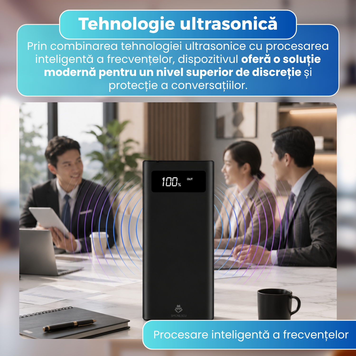 Dispozitiv anti-inregistrare 2 in 1, Power Bank 8000 mAh, Tehnologie Ultrasonica, Acoperire pana la 320°, Telecomanda Wireless, Autonomie pana la 8 Ore, Negru