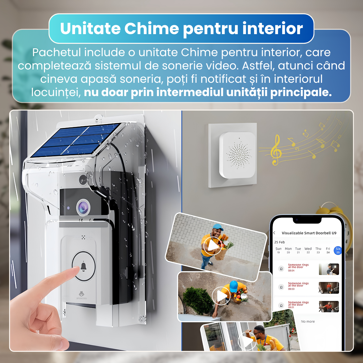 Sonerie video inteligenta wireless, camera HD 1MP, interfon video color, notificari in timp real, audio bidirectional, incarcare solara 0.55W, baterie 3600mA, protectie la ploaie, Chime inclus, alb