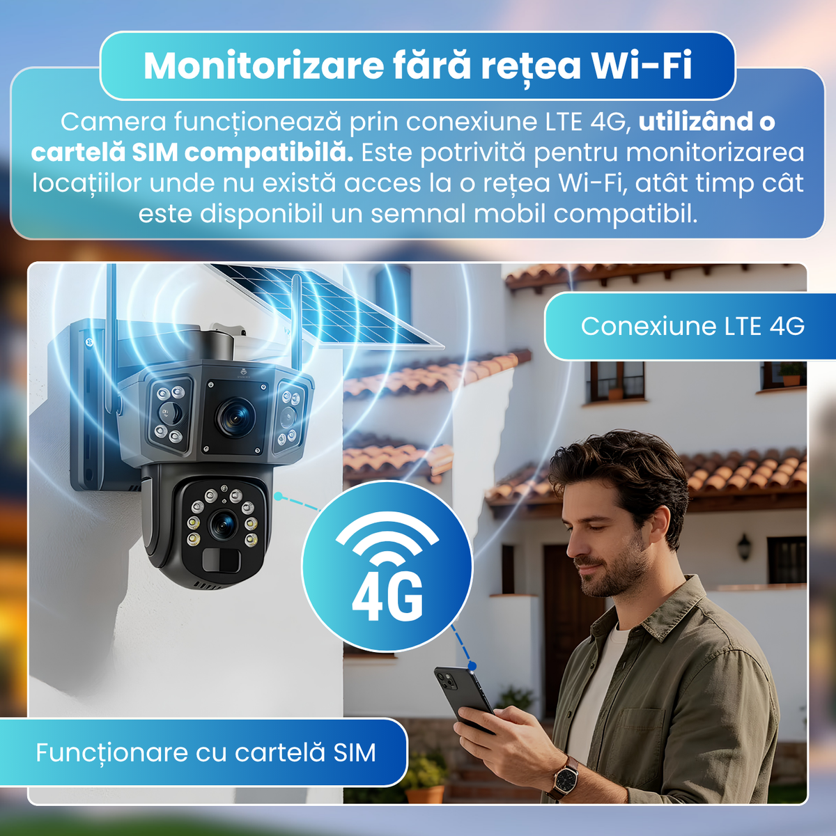 Camera de supraveghere exterior 4G cu panou solar, 6MP Dual Lens, PTZ 355°, detectare PIR persoane, vedere nocturna color, audio bidirectional, baterie 8000mAh, IP66, negru