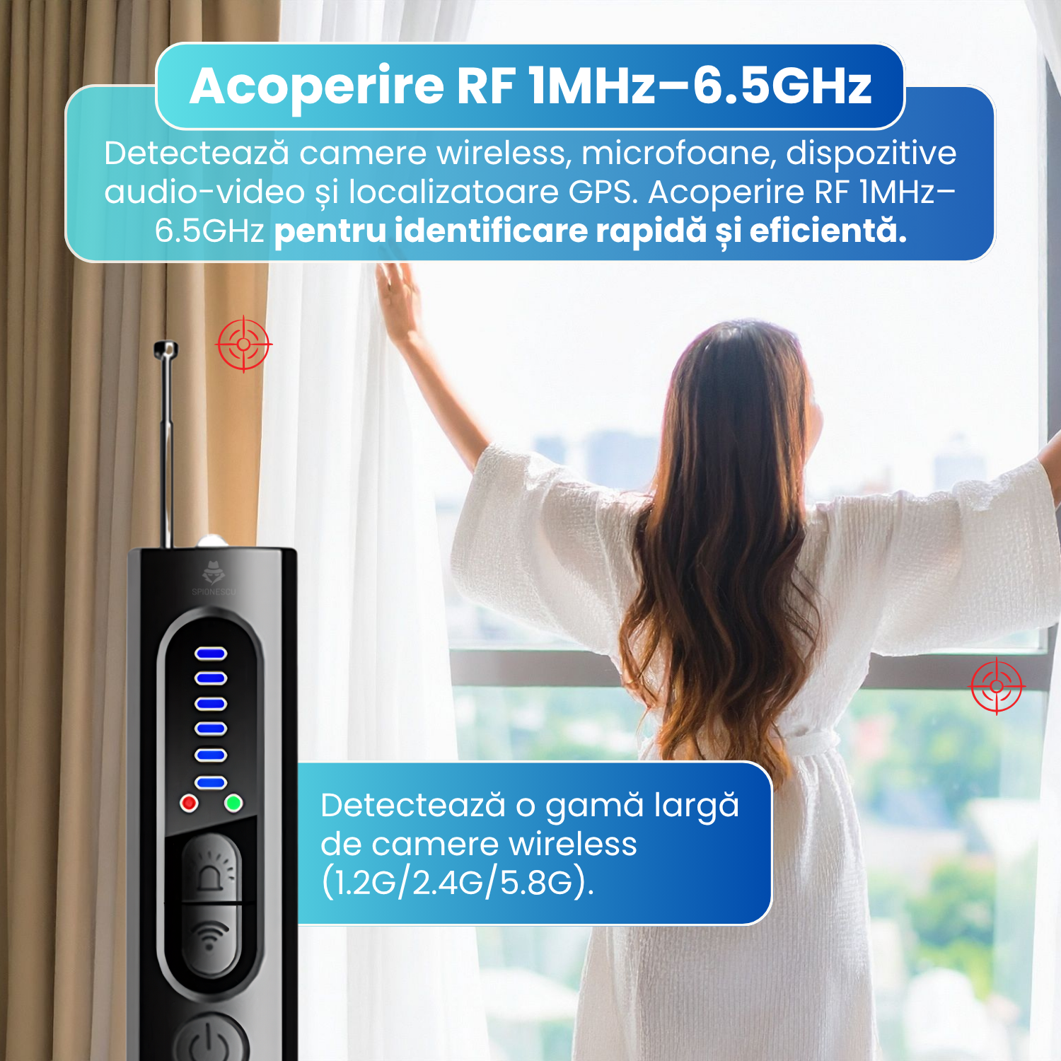 Detector camere ascunse si microfoane X13, detectare GPS, RF 1MHz-6.5GHz, 4 in 1, anti-spionaj, lanterna LED, 400 mAh, sensibilitate ajustabila, baterie reincarcabila, portabil, negru