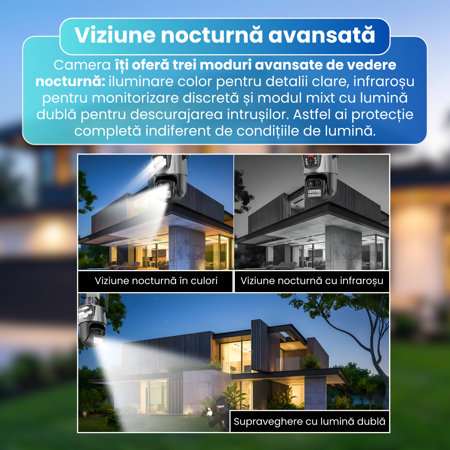 Camera de supraveghere tripla 4K, WIFI, 9MP, PTZ, CCTV, zoom 10x