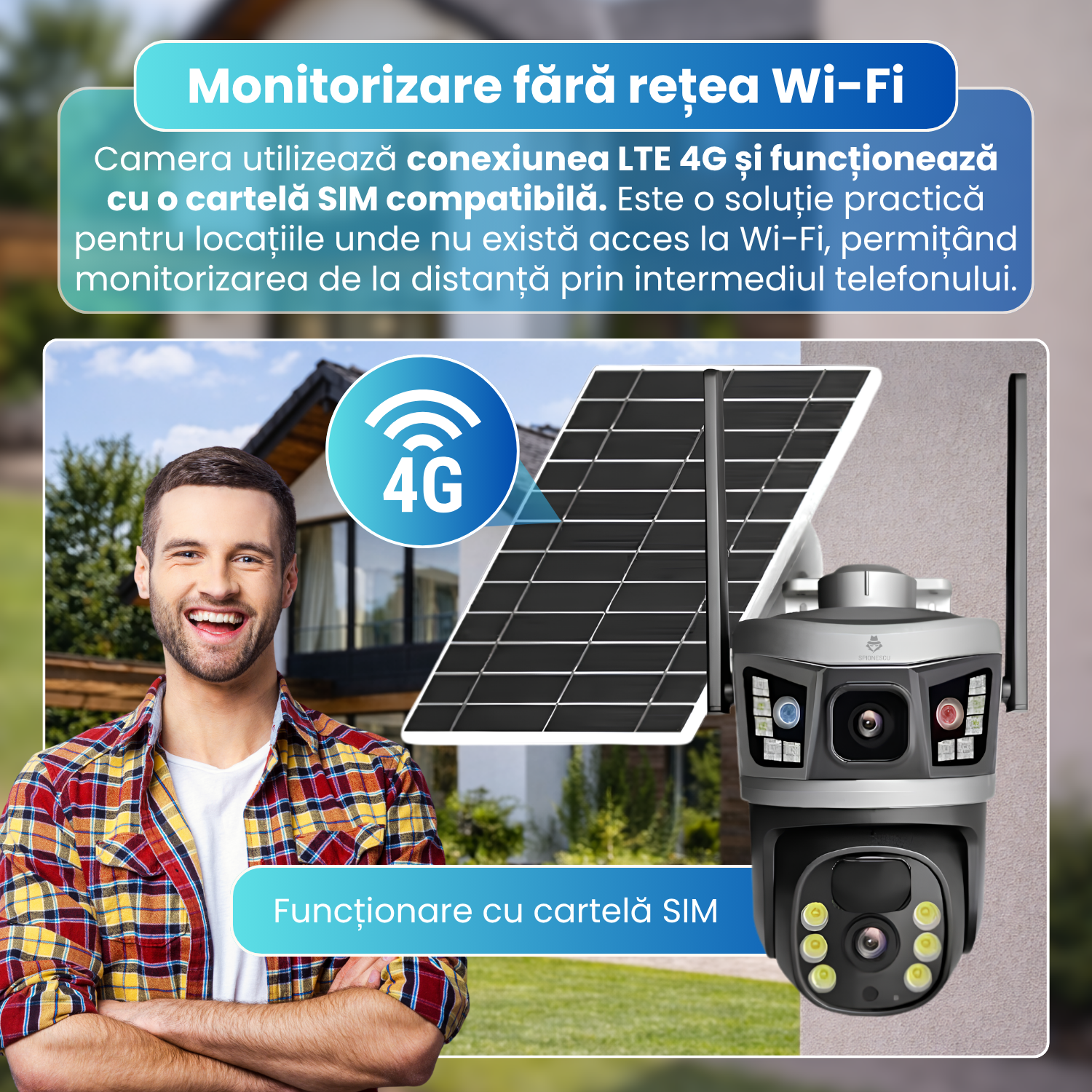 Camera de supraveghere exterior 4G, Dual Lens 6MP, panou solar, baterie 8000mAh, PTZ 355°, detectare persoane, vedere nocturna color, audio bidirectional, negru