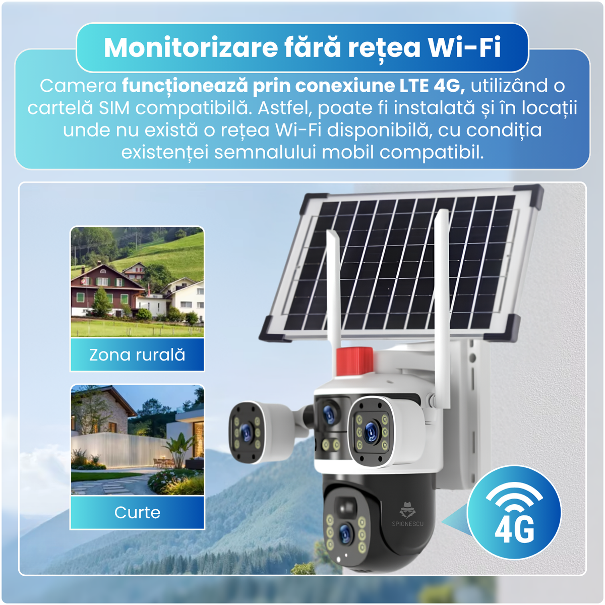 Camera supraveghere exterior 4G cu panou solar, 6MP, 3 lentile, PTZ 340°, detectare PIR, urmarire automata, vedere nocturna color si IR, audio bidirectional, baterie 8000mAh, IP65, alb