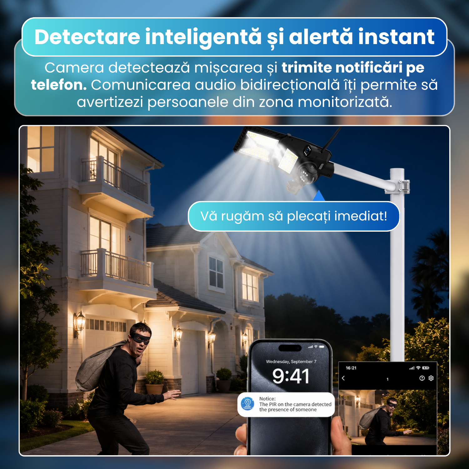 Lampa stradala LED cu camera de supraveghere 4G, tripla camera 6MP, 3 lentile, panou solar monocristalin 15W, baterie 18000mAh, 135 LED, detectie PIR, PTZ 340°, vedere nocturna color/IR, audio bidirectional, IP65