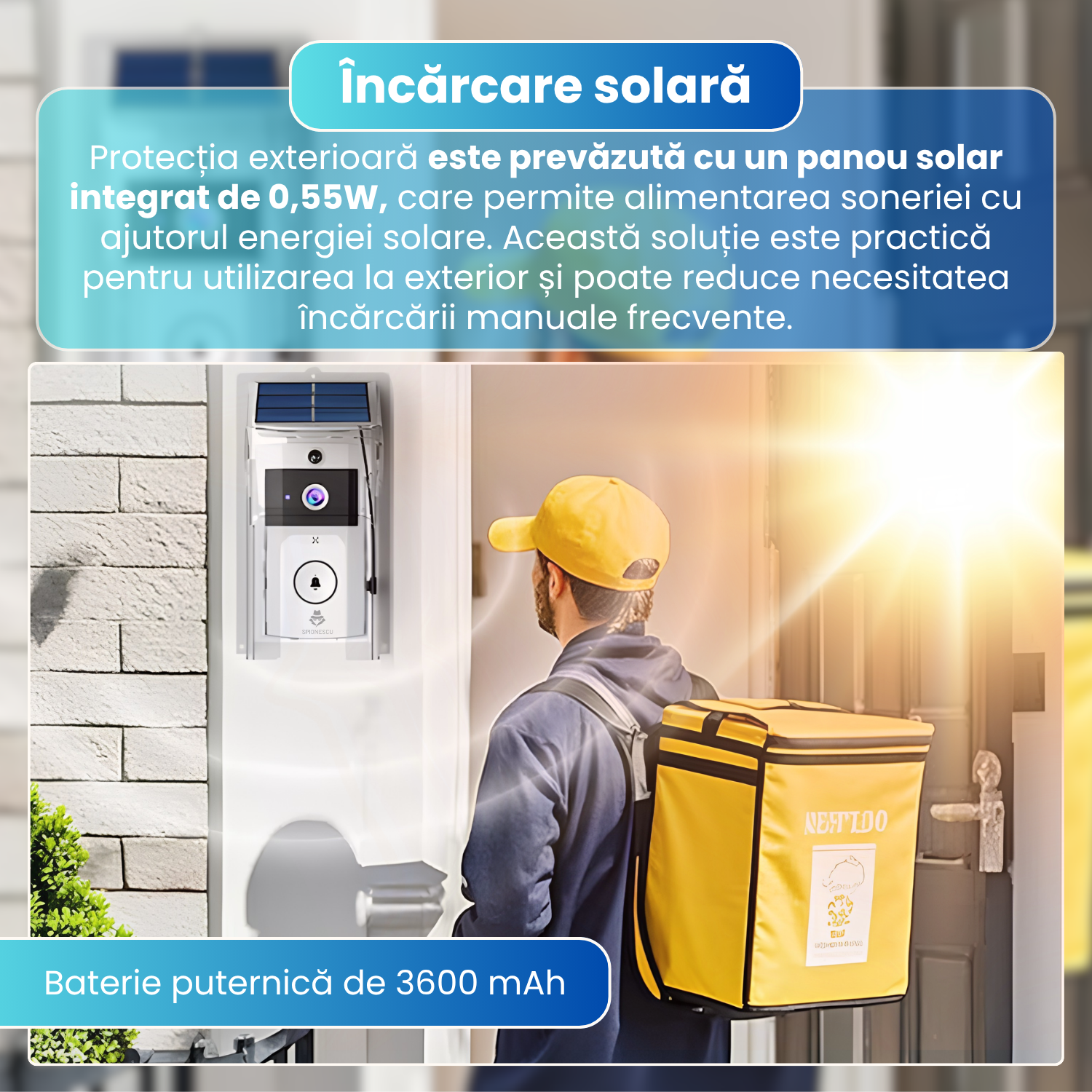 Sonerie video inteligenta wireless, camera HD 1MP, interfon video color, notificari in timp real, audio bidirectional, incarcare solara 0.55W, baterie 3600mA, protectie la ploaie, Chime inclus, alb