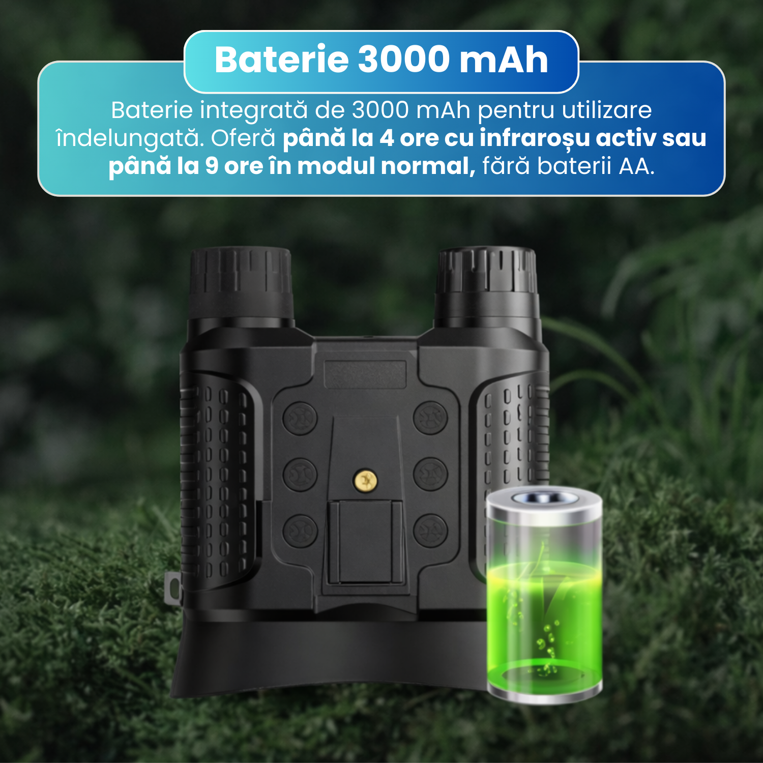 Binoclu cu vedere nocturna, Full HD 1080P, zoom digital 8x, infrarosu cu 7 niveluri, ecran TFT 2.7", vizibilitate pana la 400 m, baterie reincarcabila 3000 mAh, montare pe cap, rezistenta la apa IP54, negru