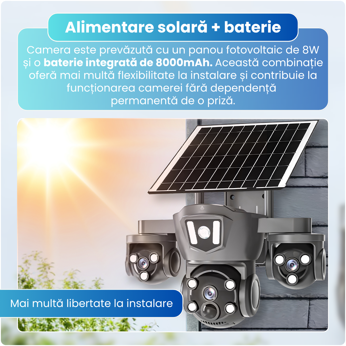 Camera de supraveghere exterior 4G, 3 lentile 6MP, 3 ecrane, PTZ 270°, detectare AI persoane, Motion Tracking, vedere nocturna color, panou solar 8W, baterie 8000mAh, audio bidirectional, negru