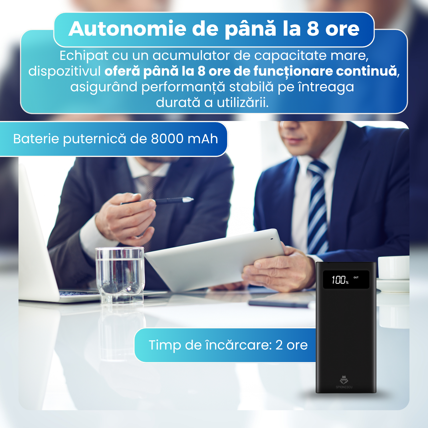 Dispozitiv anti-inregistrare 2 in 1, Power Bank 8000 mAh, Tehnologie Ultrasonica, Acoperire pana la 320°, Telecomanda Wireless, Autonomie pana la 8 Ore, Negru