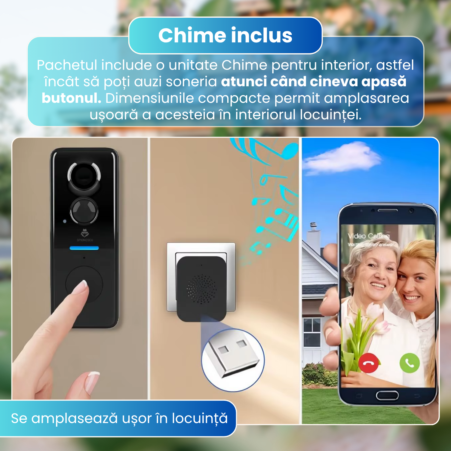 Sonerie video inteligenta wireless cu camera, 2MP, WiFi, Tuya, Full HD 720P, monitorizare live pe telefon, detectare miscare, vedere nocturna IR, interfon video, baterie 4000mAh, incarcare solara, IP65, Chime inclus, negru
