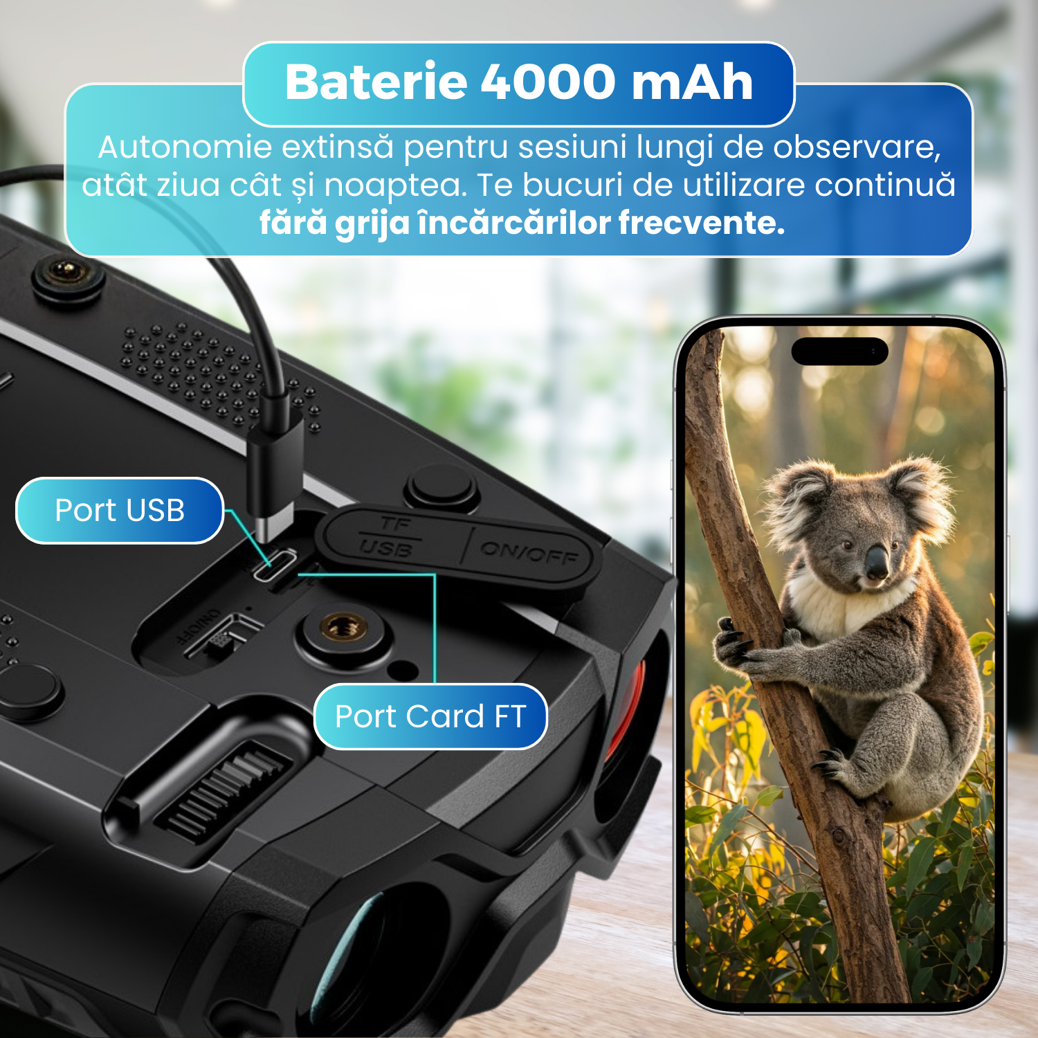 Binoclu digital profesional cu vedere nocturna 4K UHD, 10x digital zoom, iluminare IR, ecran 3.5 inc