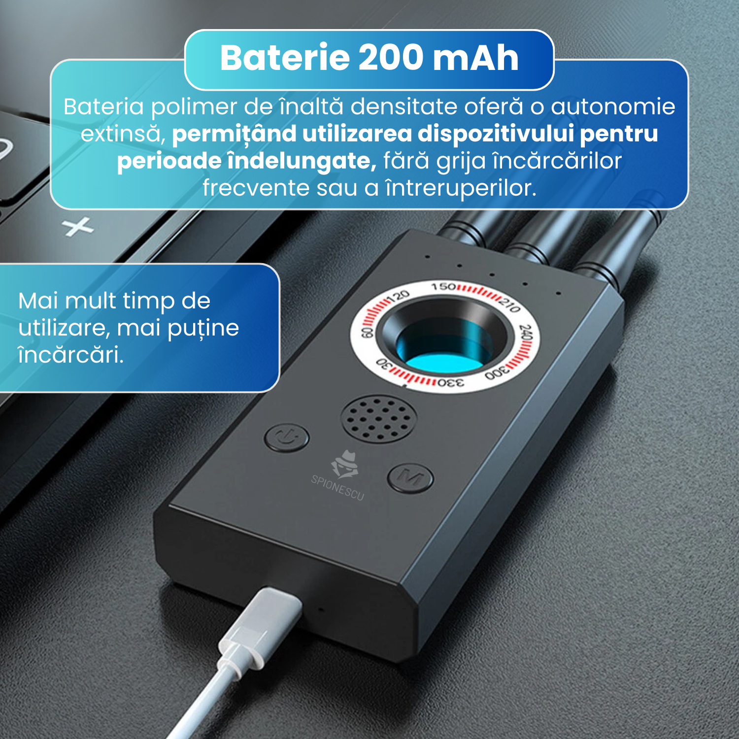 Detector profesional aparate spionaj, T16, camere, microfoane, localizatoare GPS sau GSM, anti-spy, distanta detectare 10m, portabil,negru