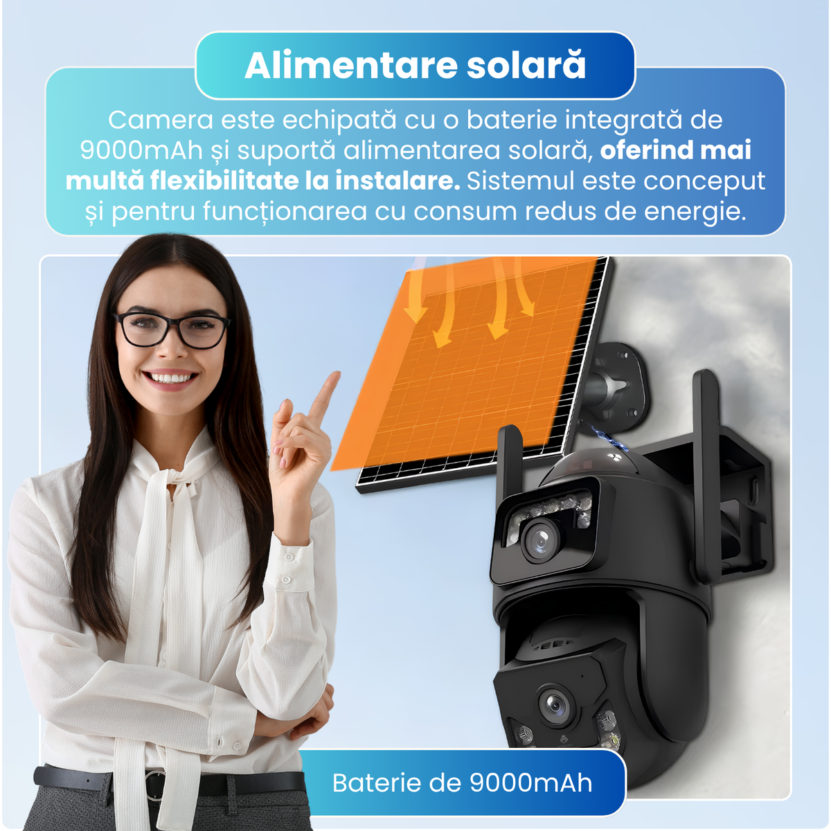 Camera de supraveghere exterior 4G, Dual Lens 6MP, IP66, panou solar, baterie 9000mAh, PTZ 355°, detectare persoane AI, vedere nocturna color, audio bidirectional, negru