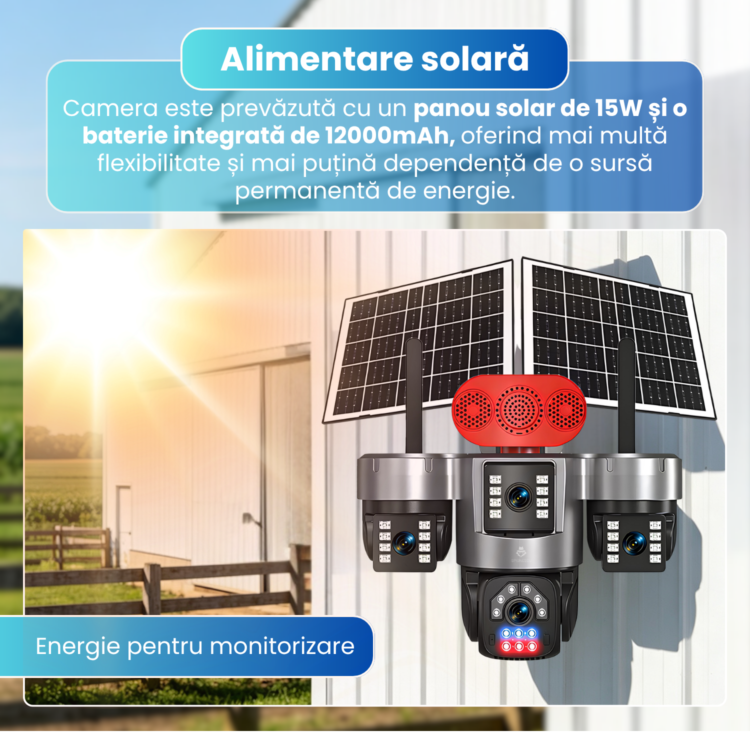 Camera de supraveghere exterior 4G, 4 lentile 20MP, AOV 24/24, PTZ, zoom digital 12X, detectare AI persoane, Motion Tracking, vedere nocturna 4 moduri, alarma luminoasa si sonora, panou solar 15W, baterie 12000mAh, audio bidirectional, negru